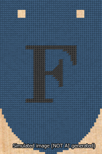 A simulated image of the stitched needlepoint design: Banner 13m Rounded F Black on Blue. Not A.I. generated.