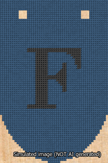 A simulated image of the stitched needlepoint design: Banner 13m Rounded F Black on Blue. Not A.I. generated.