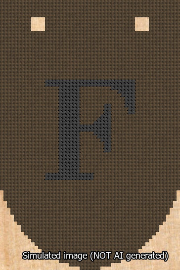 A simulated image of the stitched needlepoint design: Banner 13m Rounded F Black on Brown. Not A.I. generated.