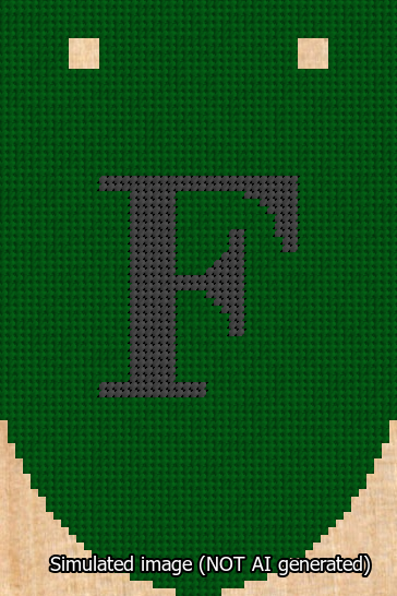 A simulated image of the stitched needlepoint design: Banner 13m Rounded F Black on Green. Not A.I. generated.
