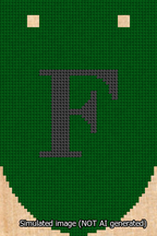 A simulated image of the stitched needlepoint design: Banner 13m Rounded F Black on Green. Not A.I. generated.