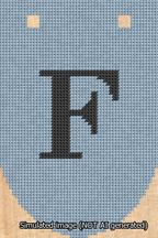 A simulated image of the stitched needlepoint design: Banner 13m Rounded F Black on Light Blue. Not A.I. generated.