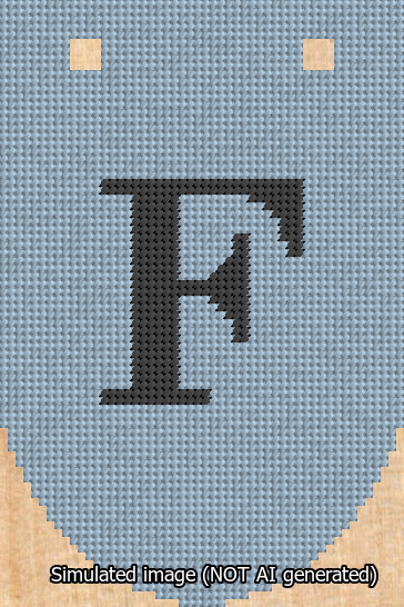 A simulated image of the stitched needlepoint design: Banner 13m Rounded F Black on Light Blue. Not A.I. generated.