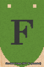 A simulated image of the stitched needlepoint design: Banner 13m Rounded F Black on Light Green. Not A.I. generated.