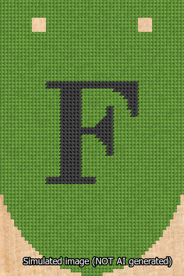 A simulated image of the stitched needlepoint design: Banner 13m Rounded F Black on Light Green. Not A.I. generated.