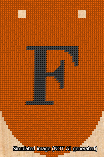 A simulated image of the stitched needlepoint design: Banner 13m Rounded F Black on Orange. Not A.I. generated.