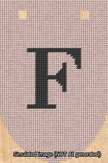 A simulated image of the stitched needlepoint design: Banner 13m Rounded F Black on Pink. Not A.I. generated.
