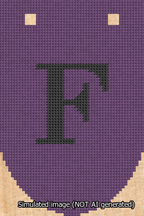 A simulated image of the stitched needlepoint design: Banner 13m Rounded F Black on Purple. Not A.I. generated.