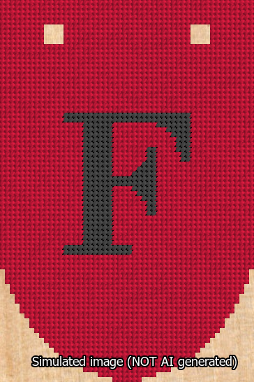 A simulated image of the stitched needlepoint design: Banner 13m Rounded F Black on Red. Not A.I. generated.