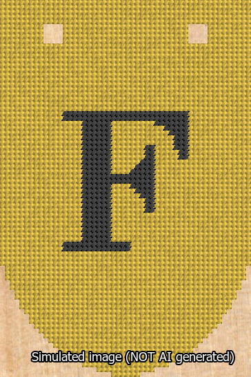 A simulated image of the stitched needlepoint design: Banner 13m Rounded F Black on Yellow. Not A.I. generated.