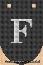 A simulated image of the stitched needlepoint design: Banner 13m Rounded F White on Black. Not A.I. generated.