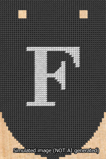 A simulated image of the stitched needlepoint design: Banner 13m Rounded F White on Black. Not A.I. generated.