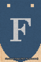 A simulated image of the stitched needlepoint design: Banner 13m Rounded F White on Blue. Not A.I. generated.