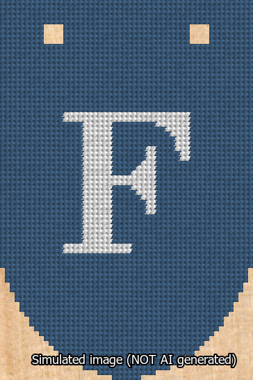 A simulated image of the stitched needlepoint design: Banner 13m Rounded F White on Blue. Not A.I. generated.