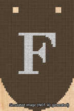 A simulated image of the stitched needlepoint design: Banner 13m Rounded F White on Brown. Not A.I. generated.