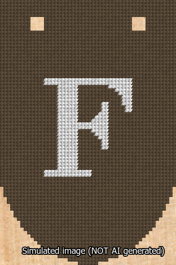 A simulated image of the stitched needlepoint design: Banner 13m Rounded F White on Brown. Not A.I. generated.