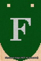A simulated image of the stitched needlepoint design: Banner 13m Rounded F White on Green. Not A.I. generated.