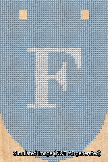 A simulated image of the stitched needlepoint design: Banner 13m Rounded F White on Light Blue. Not A.I. generated.