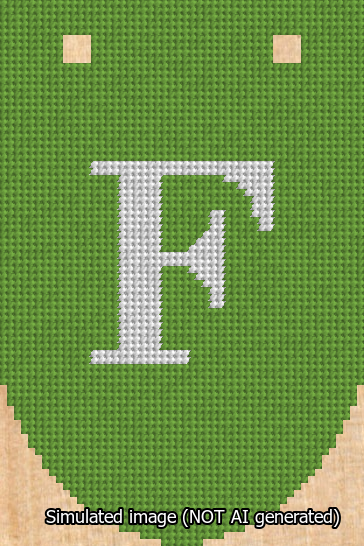 A simulated image of the stitched needlepoint design: Banner 13m Rounded F White on Light Green. Not A.I. generated.