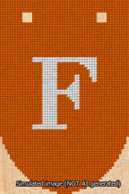 A simulated image of the stitched needlepoint design: Banner 13m Rounded F White on Orange. Not A.I. generated.