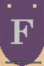 A simulated image of the stitched needlepoint design: Banner 13m Rounded F White on Purple. Not A.I. generated.