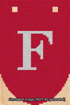 A simulated image of the stitched needlepoint design: Banner 13m Rounded F White on Red. Not A.I. generated.