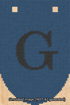 A simulated image of the stitched needlepoint design: Banner 13m Rounded G Black on Blue. Not A.I. generated.