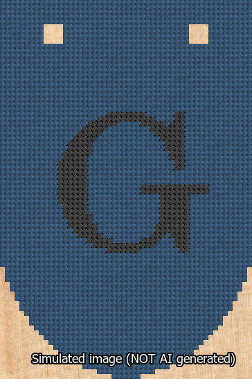 A simulated image of the stitched needlepoint design: Banner 13m Rounded G Black on Blue. Not A.I. generated.
