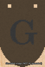 A simulated image of the stitched needlepoint design: Banner 13m Rounded G Black on Brown. Not A.I. generated.