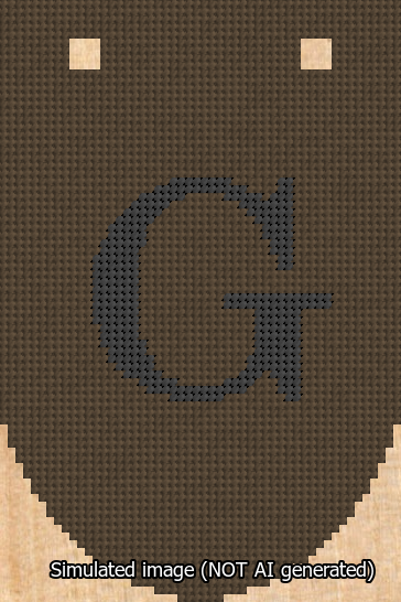 A simulated image of the stitched needlepoint design: Banner 13m Rounded G Black on Brown. Not A.I. generated.