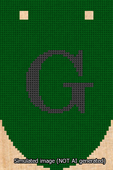 A simulated image of the stitched needlepoint design: Banner 13m Rounded G Black on Green. Not A.I. generated.