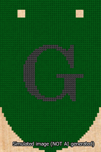 A simulated image of the stitched needlepoint design: Banner 13m Rounded G Black on Green. Not A.I. generated.