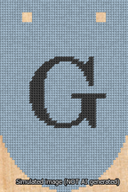A simulated image of the stitched needlepoint design: Banner 13m Rounded G Black on Light Blue. Not A.I. generated.