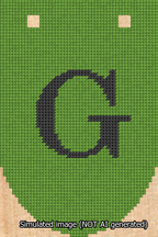 A simulated image of the stitched needlepoint design: Banner 13m Rounded G Black on Light Green. Not A.I. generated.