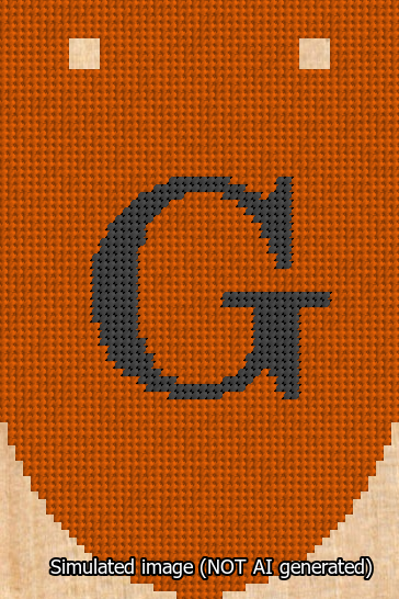A simulated image of the stitched needlepoint design: Banner 13m Rounded G Black on Orange. Not A.I. generated.
