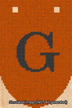 A simulated image of the stitched needlepoint design: Banner 13m Rounded G Black on Orange. Not A.I. generated.