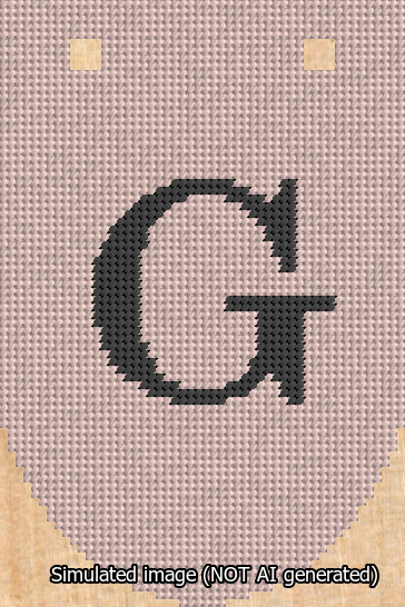 A simulated image of the stitched needlepoint design: Banner 13m Rounded G Black on Pink. Not A.I. generated.