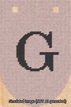A simulated image of the stitched needlepoint design: Banner 13m Rounded G Black on Pink. Not A.I. generated.