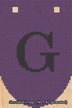A simulated image of the stitched needlepoint design: Banner 13m Rounded G Black on Purple. Not A.I. generated.