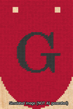 A simulated image of the stitched needlepoint design: Banner 13m Rounded G Black on Red. Not A.I. generated.