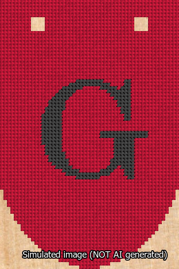 A simulated image of the stitched needlepoint design: Banner 13m Rounded G Black on Red. Not A.I. generated.