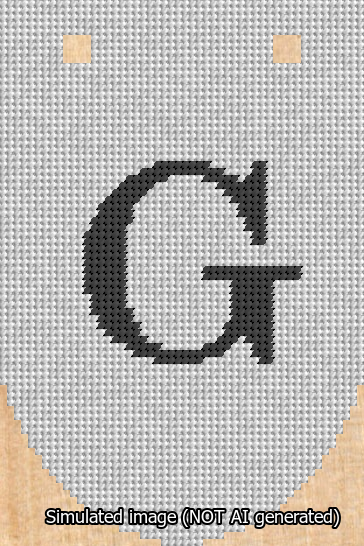 A simulated image of the stitched needlepoint design: Banner 13m Rounded G Black on White. Not A.I. generated.