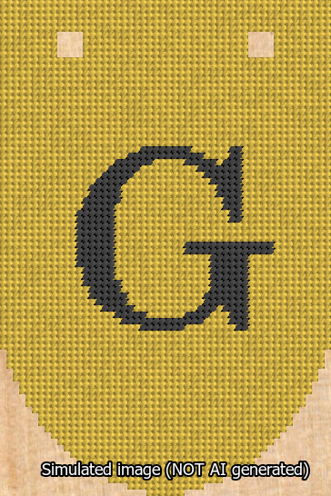 A simulated image of the stitched needlepoint design: Banner 13m Rounded G Black on Yellow. Not A.I. generated.