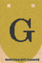 A simulated image of the stitched needlepoint design: Banner 13m Rounded G Black on Yellow. Not A.I. generated.