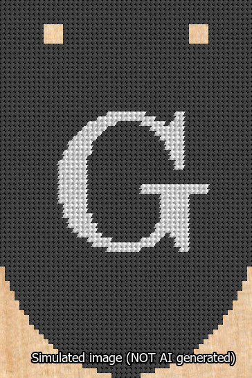 A simulated image of the stitched needlepoint design: Banner 13m Rounded G White on Black. Not A.I. generated.