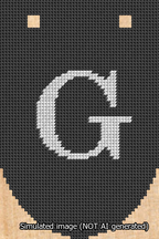 A simulated image of the stitched needlepoint design: Banner 13m Rounded G White on Black. Not A.I. generated.