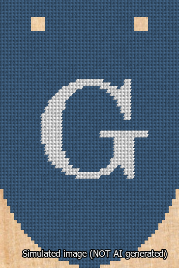 A simulated image of the stitched needlepoint design: Banner 13m Rounded G White on Blue. Not A.I. generated.