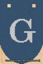A simulated image of the stitched needlepoint design: Banner 13m Rounded G White on Blue. Not A.I. generated.