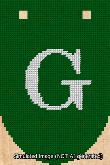 A simulated image of the stitched needlepoint design: Banner 13m Rounded G White on Green. Not A.I. generated.