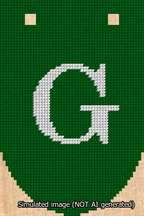 A simulated image of the stitched needlepoint design: Banner 13m Rounded G White on Green. Not A.I. generated.